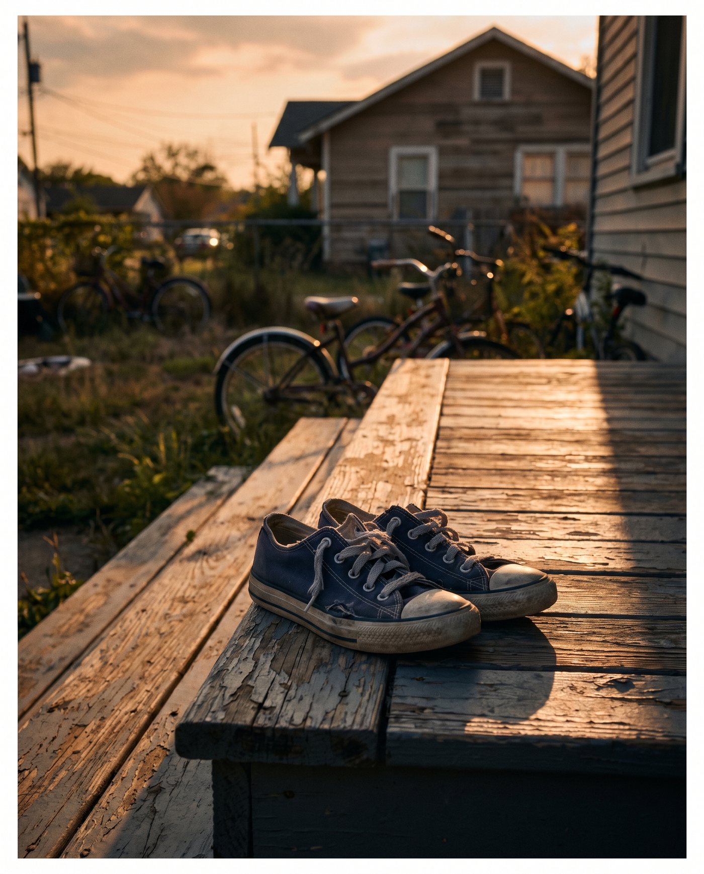 A worn pair of sneakers on a porch step at sunset